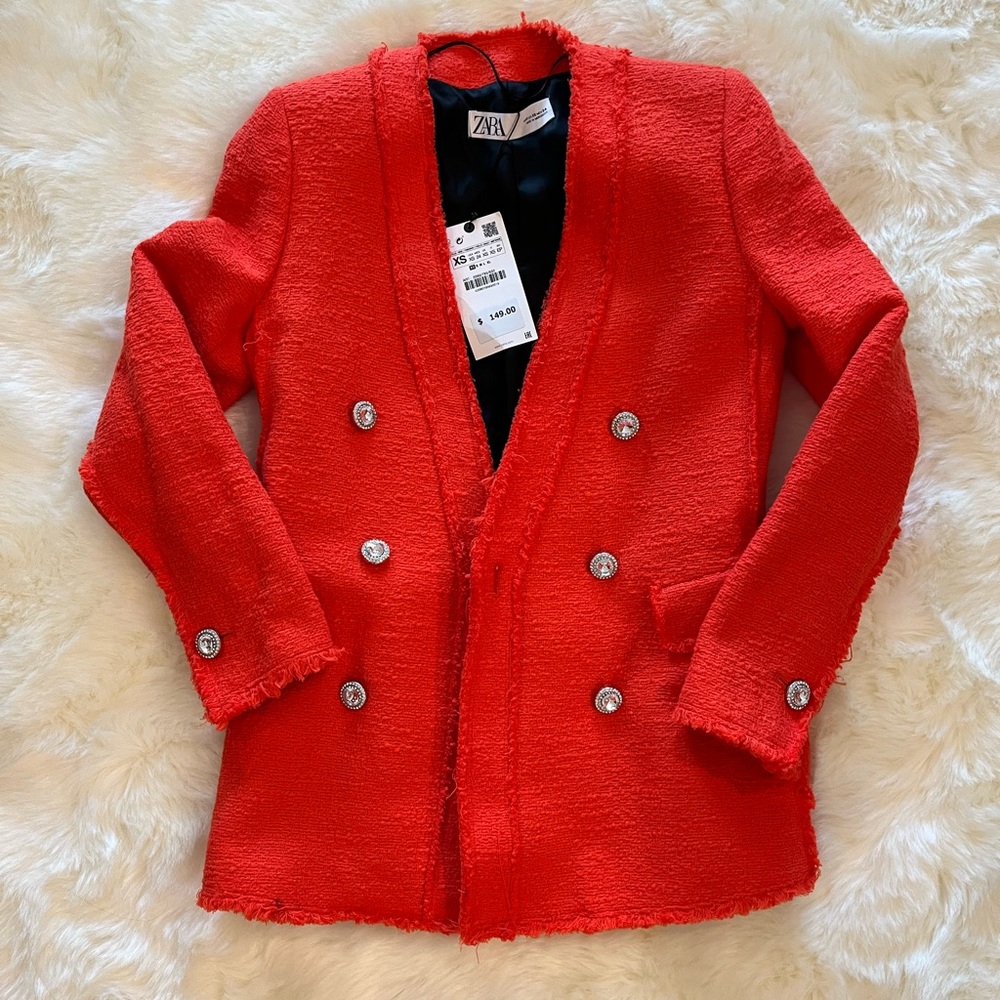 Zara Red/Orange Blazer with Jewled Buttons XS